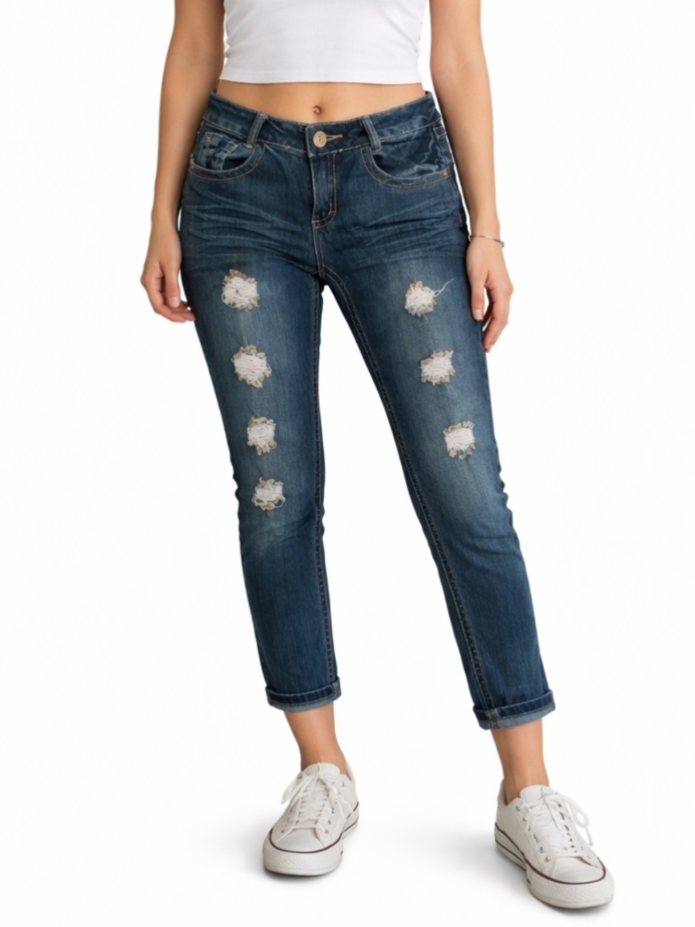 Wallflower Low Rise Cropped, Cuffed Ripped Jeans with bluish tint (Size 10)
